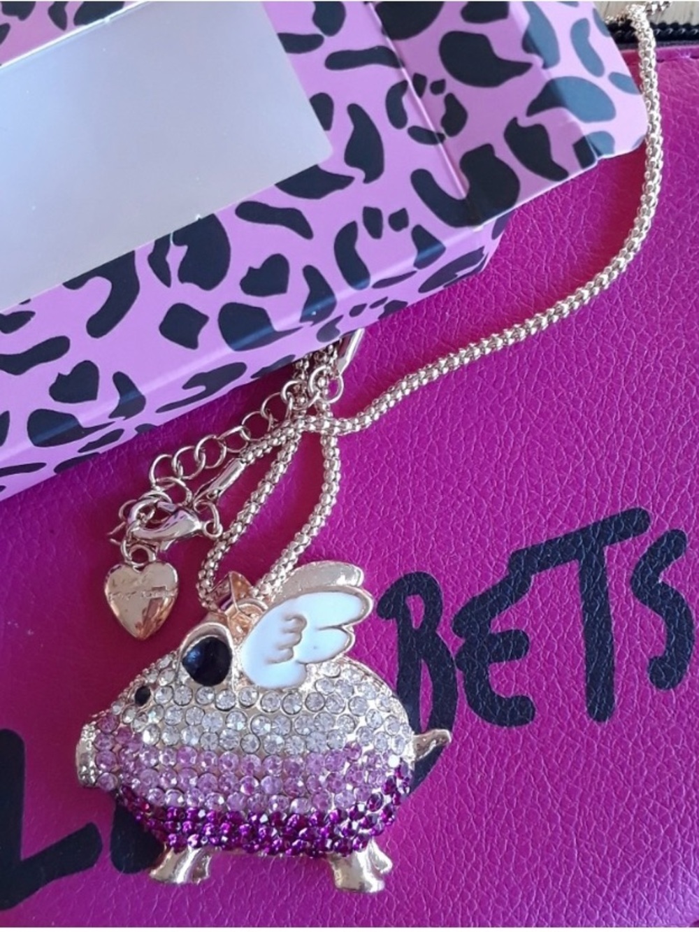 Betsey Johnson flying pig Necklace in Pink and Purple